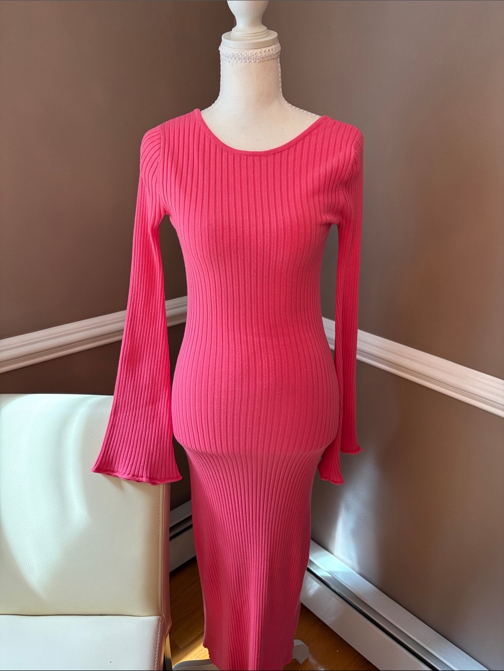 Fitted Ribbed Long Sleeve Midi Dress in Bright Pink